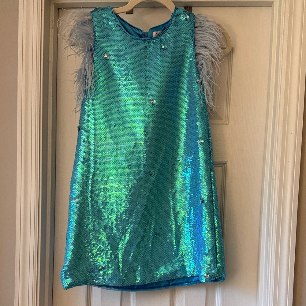 Lola + The Boys Turquoise Sequin Dress with Feather Accents